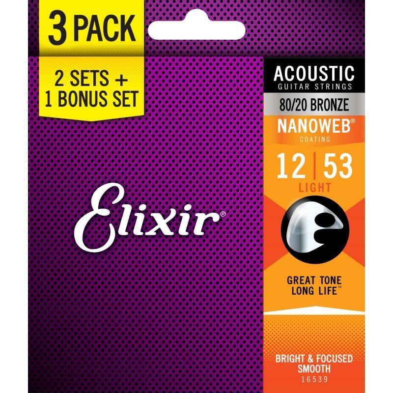 ELIXIR アコースティックギター弦 NANOWEB BRONZE 3SET PACK　(12-53)