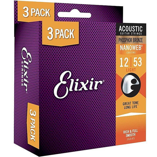 ELIXIR アコースティックギター弦 NANOWEB PHOSPHORBRONZE 3SET PACK　(12-53)